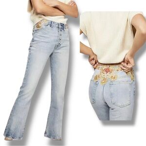 We The Free Light Wash Embroidered Flare Jeans